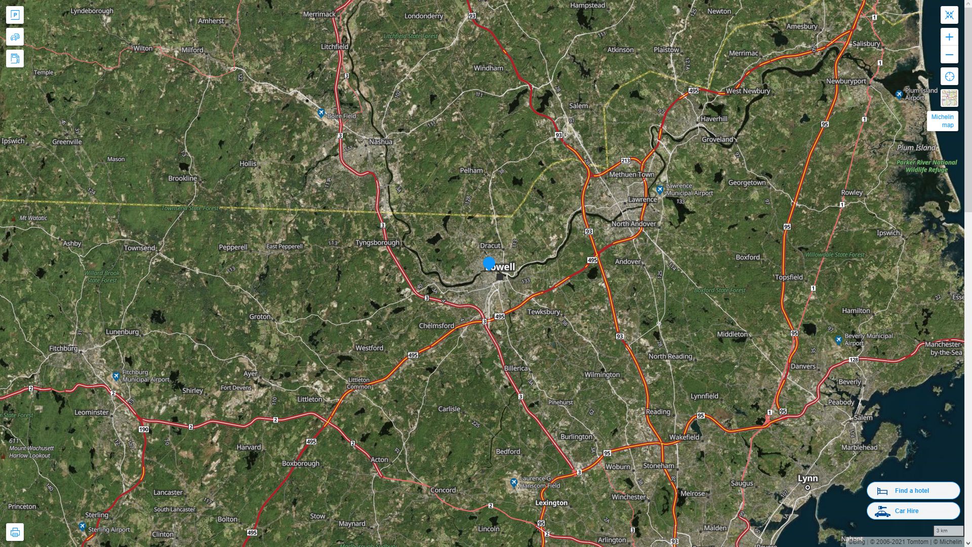 Lowell Massachusetts Highway and Road Map with Satellite View